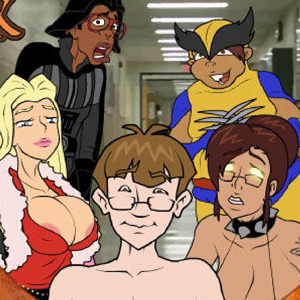 Threesome with a teacher wearing glasses in a wester cartoon style porn game